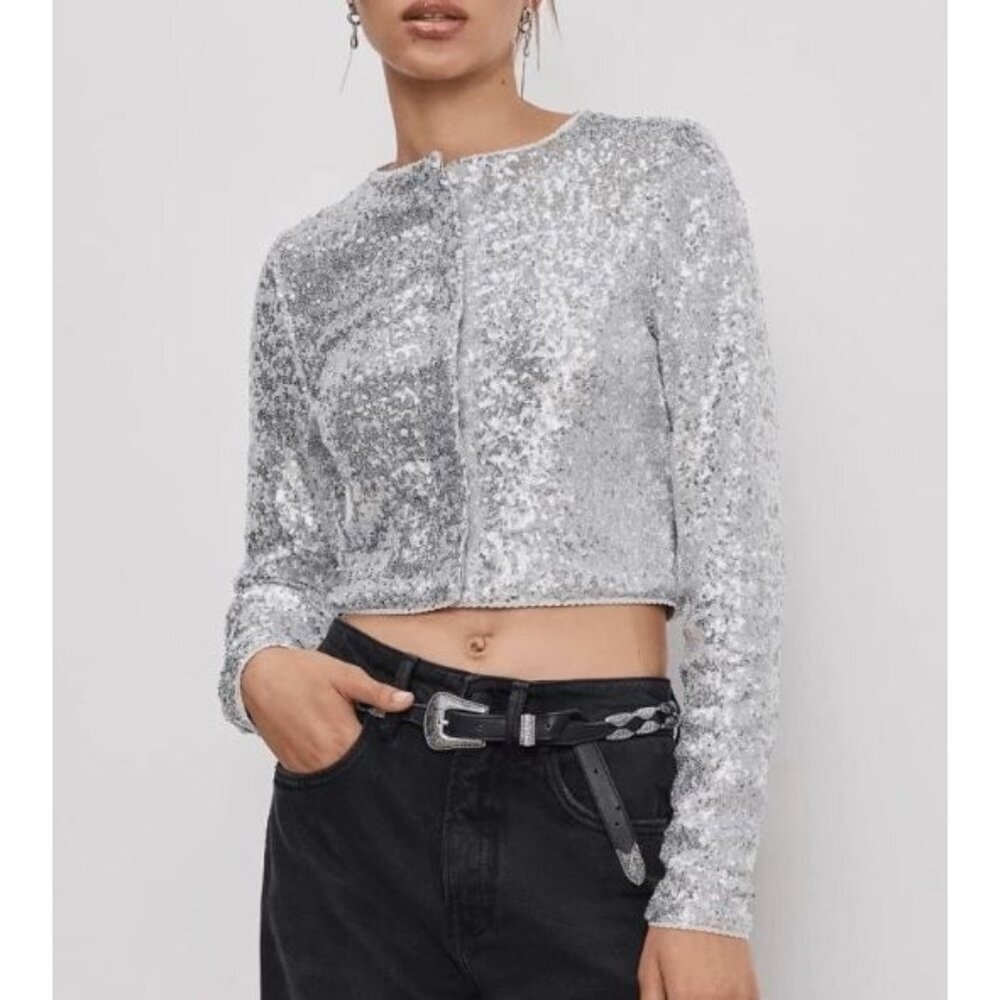 Good American Cardigan Cluster Silver Sequin Women's Button Crop Top Medium NEW